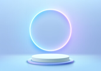 futuristic blue 3D background with cylinder pedestal podium, Neon light circle ring on the wall. Pastel minimal wall scene mockup product display. Abstract vector geometric platforms. Stage showcase.
