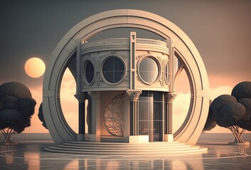 circular futuristic building with glass windows made with generative ai