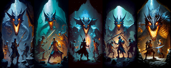 Adventurer fighting dragon, swordsman, game, RPG, illustration set, AI generated