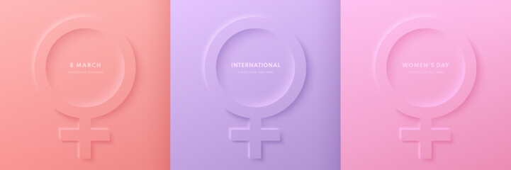 Set of women female symbol 3D background with pink, coral red and purple color. Women's international day design elements. Vector pastel minimal neumorphism design. Use for cover, social template.