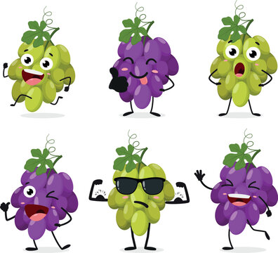 Set of cute bunch grapes cartoon character