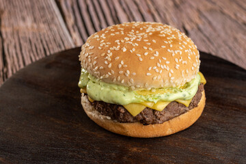 Hamburger - Snack with beef burger, green sauce, mozzarella cheese and fries