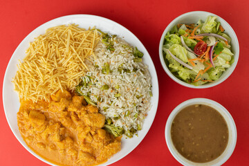 Meal - Chicken Stroganoff, rice, beans, potato straw and salad