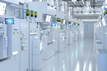 White futuristic semiconductor manufacturing factory or laboratory interior with machine and...