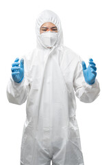 Worker wears medical protective suit or white coverall suit extend empty hands
