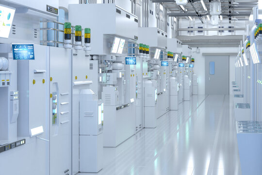 White futuristic semiconductor manufacturing factory or laboratory interior with machine and computer screen