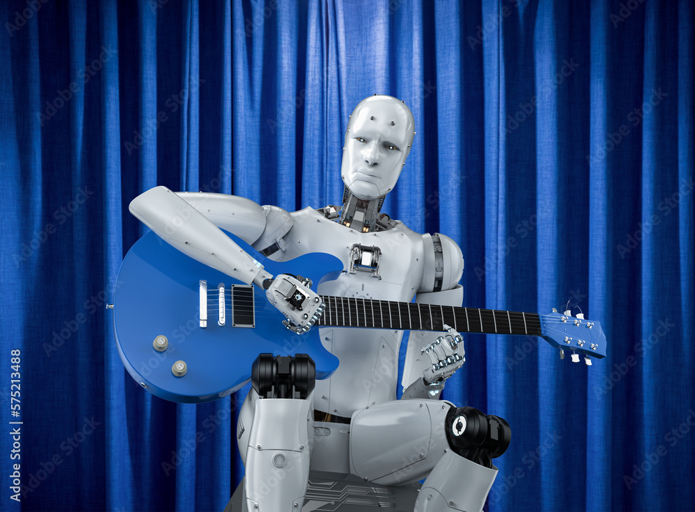 Poster ai music composer or generator with robot play guitar