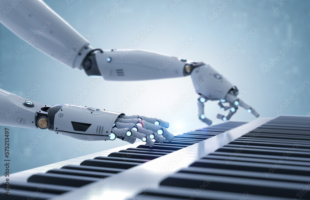 Poster ai music composer or generator with robot play piano