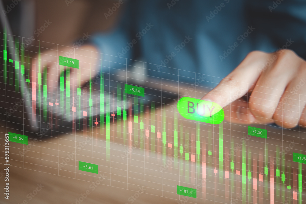 Poster businessman or trader analyzing candlestick chart pattern on virtual screen and buying stock. financ