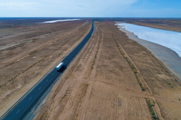Aerial view of the P216 Elista - Astrakhan highway at the Mazna-Khag salt lake. Republic of...