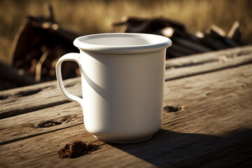 Fototapeta na wymiar Blank White Camping Coffee Cup on Wood Table, Coffee Mug Print on Demand Mockup