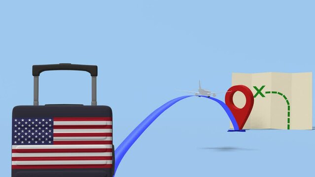 Airline flying to map with a suitcase containing the flag of  - The United States