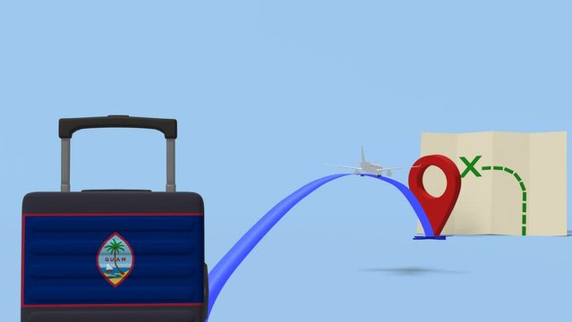 Airline flying to map with a suitcase containing the flag of  - Guam