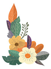Ilustración con fondo transparente de hojas multicolores para adorno o decoración de esquinas de tarjetas o diseños. Colores otoñales.