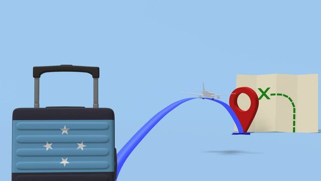 Airline flying to map with a suitcase containing the flag of  - The Federated States of Micronesia