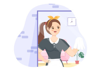 Professional Girl Maid Illustration of Cleaning Service Wearing her Uniform with Apron for Clean a House in Flat Cartoon Hand Drawn Templates