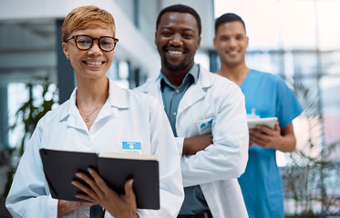 Portrait team of doctors working in hospital research, planning and management for healthcare service. Leadership, mindset and manager or medical professional with black people staff in clinic career - obrazy, fototapety, plakaty