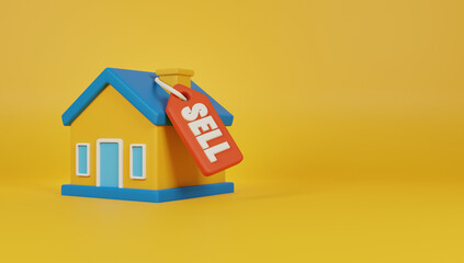 Fototapeta na wymiar A yellow house with a red tag that says sell. 3D Illustration