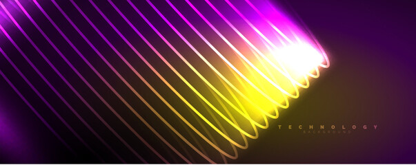 Shiny neon waves, dynamic electric motion, energy or speed concept. Vector illustration for wallpaper, banner, background, leaflet, catalog, cover, flyer
