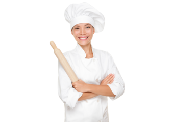 Baker / Chef woman happy holding baking rolling pin wearing uniform isolated cutout PNG on transparent background. Asian Caucasian female model with arms crossed standing proud and confident.