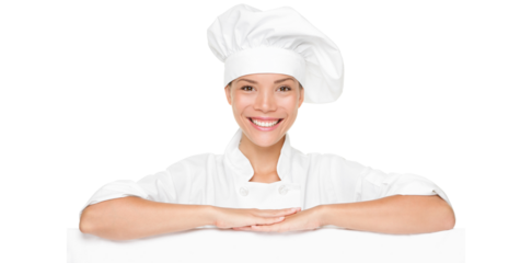 Chef or baker woman showing blank empty billboard sign. Beautiful smiling happy chef leaning on placard banner with copy space for menu or other text. Isolated cutout PNG on transparent background