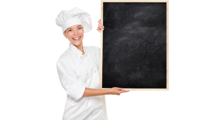 Chef. Woman cook showing empty menu chalkboard with copy space. Smiling Asian Caucasian female chef isolated cutout PNG on transparent background holding nice textured blackboard for advertising.