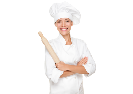 Baker / Chef woman happy holding baking rolling pin wearing uniform isolated cutout PNG on transparent background. Asian Caucasian female model with arms crossed standing proud and confident. - Powered by Adobe