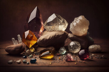 Healing Crystals Set on Brown Background, Spiritual and Wellness Concept