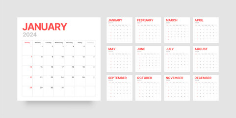 Classic monthly calendar for 2024. Calendar in the style of minimalist square shape. The week starts on Sunday. Planner for 2024 year. - obrazy, fototapety, plakaty