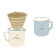 アウトドア用のコーヒーフィルターを上にのせたマグカップ おしゃれな手描きイラスト / Mug with outdoor coffee filter on top Fashionable hand drawn illustration