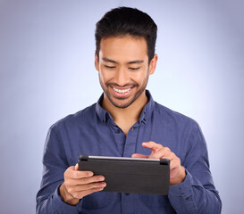 Fototapeta na wymiar Happy business man on tablet isolated on studio background for stock market research with online app. Happy asian person, worker or entrepreneur on digital technology for profit, sales and fintech