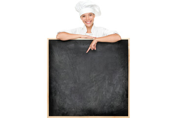 Chef showing menu sign blackboard happy. Empty menu chalkboard with copy space for text. Chef,...