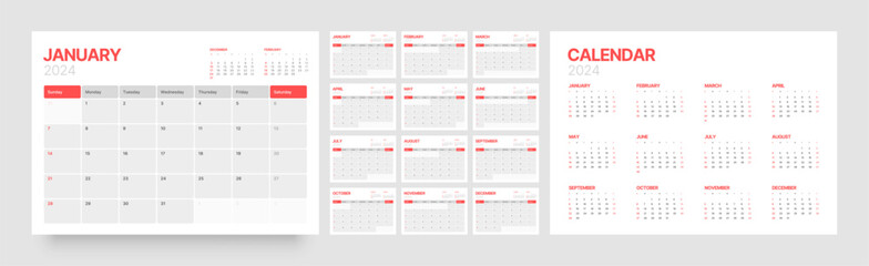 Monthly calendar template for 2024 year. Wall calendar in a minimalist style. Week Starts on Sunday. Planner for 2024 year. - obrazy, fototapety, plakaty