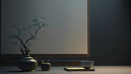 tree in a room with a lamp japanese zen theme generative ai