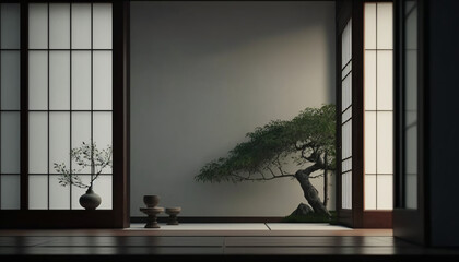 sunset in the window japanese zen theme generative ai