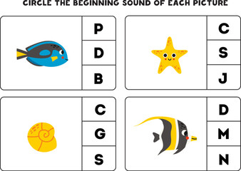 Worksheet for kids. Find the beginning sound of cute sea animals.