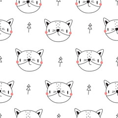 Cute fox seamless pattern in doodle style, vector illustration on white background for baby and textile decoration