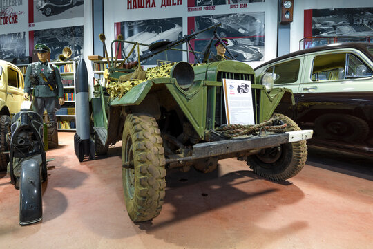 ZELENOGORSK, RUSSIA - FEBRUARY 23, 2023: Soviet military all-wheel drive car of GAZ-67 in the museum of retro cars "Horse Power"