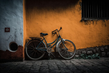 Fototapeta na wymiar A Vintage Bicycle Leaning Against an Old Brick Wall, Urban, City, Retro