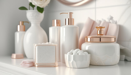 Cosmetic products for body care are displayed beautifully in elegant soft light in a white bathroom interior with a modern style. selective focus. Generative AI