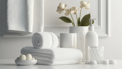 Cosmetic products for body care are displayed beautifully in elegant soft light in a white bathroom interior with a modern style. selective focus. Generative AI