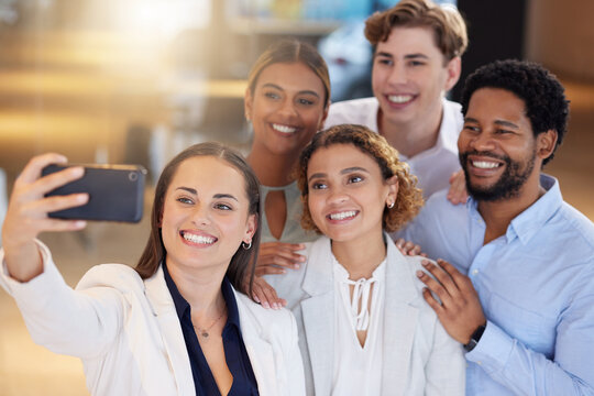 Selfie, group of people or office team in social media post, online diversity promotion and business photography. Happy professional friends, career influencer or gen z staff in a profile picture