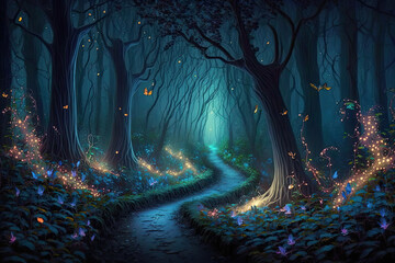 Fantasy forest at night, magic glowing path and lights in fairytale wood, generative AI - obrazy, fototapety, plakaty
