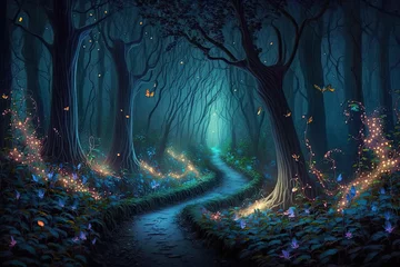 Keuken spatwand met foto Fantasy forest at night, magic glowing path and lights in fairytale wood, generative AI © Kien