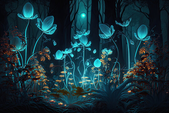  Luminous flowers in fantasy forest at night, glowing plants in fairytale wood, generative AI