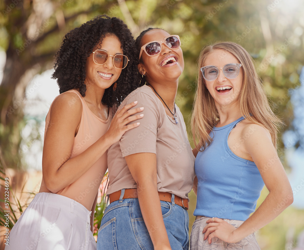 Canvas Prints Women friends, park portrait and sunglasses with smile, comic laugh and sunshine with diversity on holiday. Black woman, girl and happiness with solidarity for excited gen z students on summer walk