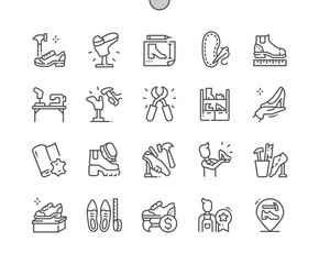 Shoemaker. Shoe repair. Footwear, sewing machine and hammer. New shoes. Pixel Perfect Vector Thin Line Icons. Simple Minimal Pictogram