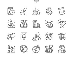 Archeology. Broken amphora, column, dinosaur skull. Museum. Pixel Perfect Vector Thin Line Icons. Simple Minimal Pictogram