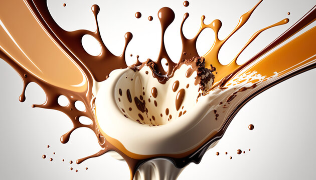 Chocolate splash with milk spin or pouring.hot drink dynamic mixing for demonstration food background.ai generated images