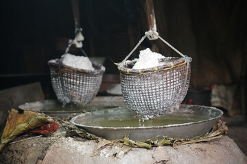 boiling saline solution is traditional way for making mountain rock salt